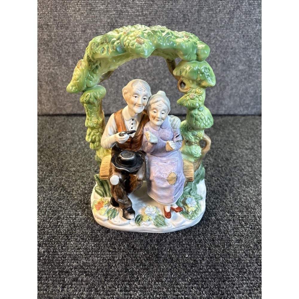 Vtg UCGC~Bisque/Porcelain~Old Man & Woman on Bench Under Arbor